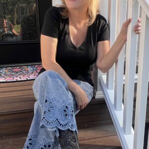 Blue Embroidered Cropped Wide Leg High Waist Jeans