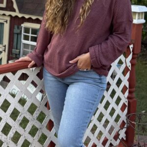 Wine Waffle Knit Loose Long Sleeve Top
