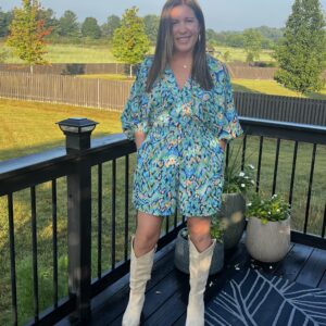 Abstract Print Puff Sleeve V Neck Romper