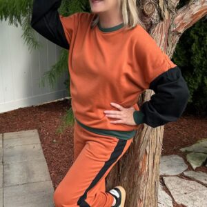2pcs Color Block Pullover Pant Set