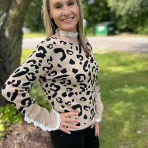Brown Leopard Lace Ribbed Button Cuffed Sweater