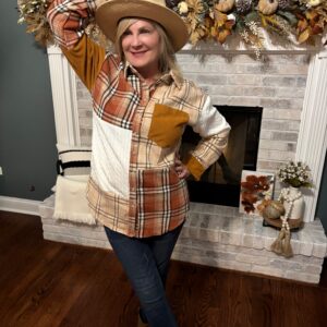 Brown Plaid Color Block Shirt Jacket with Pocket