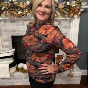 Floral Print Lettuce Trim Long Sleeve Mesh Top