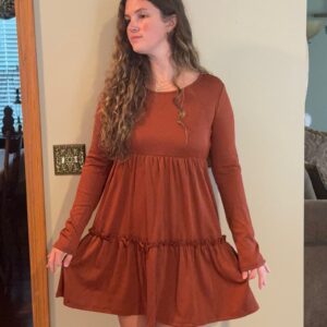 Brown Ribbed Frilled Trim High Waist Long Sleeve Mini Dress