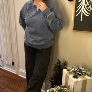 Blue Lace Patchwork Detail Notched Neck Mineral Wash Sweatshirt