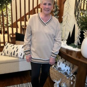 Tan Contrast Striped Trim V Neck Sweatshirt