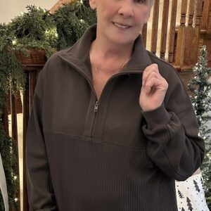 Grey Waffle Knit Half Zipped Casual Sweatshirt