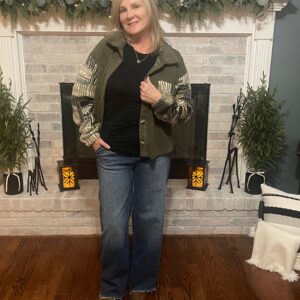 Olive Green Ribbed Fleece Plaid Print Patchwork Button Up Jacket