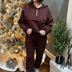 Coffee Button Drawstring Cropped Hoodie Jogger 2pcs Set