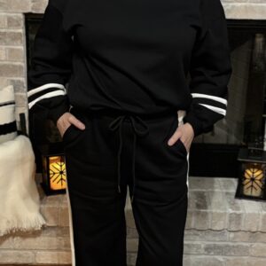 Black with White Stripe Puff Sleeve Pullover Drawstring Wide Leg Pant Set