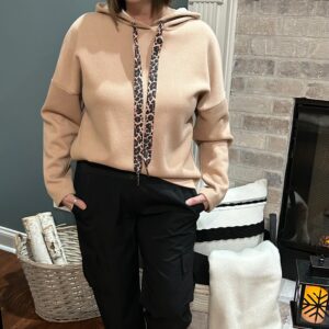 Tan Thermal Textured Leopard Drawstring Baggy Hoodie