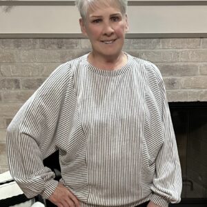 Gray Ribbed Knit Long Lantern Sleeve Top