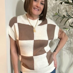 Checkered Color Block Short Sleeve Sweater