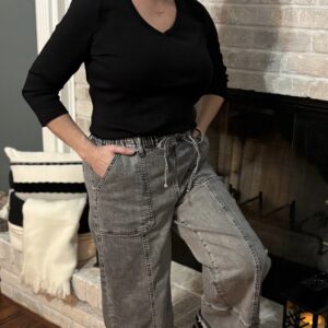 Gray Drawstring Raw Hem Wide Leg Denim Pants