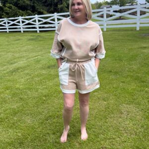 Beige Block Patchwork Oversize Tee Drawstring  Shorts Set