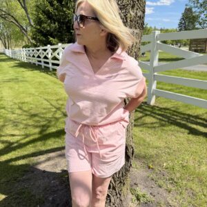 Pink Striped Polo Shirt and Drawstring Shorts Set