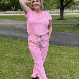 Pink V Neck Tee Drawstring Pant Set