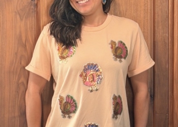 Sequin Turkey patched on Khaki Graphic T-Shirt