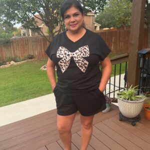 Black Leopard Bow V-Neck Tee & Drawstring Shorts 2 piece Set