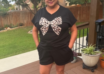 Black Leopard Bow V-Neck Tee & Drawstring Shorts 2 piece Set