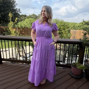 Lavender V-Neck Short Sleeve High Waist Tiered Maxi Dress